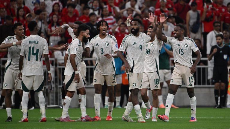 Saudi Arabia's Feras Albrikan, second right, celebrates with his teammates after scoring his side's third goal during the World Cup 2026 Asian qualifier fourth-round Group B soccer match between Saudi Arabia and Indonesia at Alinma Bank Stadium in King Abdullah Sports City, in Jiddah, Saudi Arabia, Wednesday, Oct. 8, 2025. (AP)
