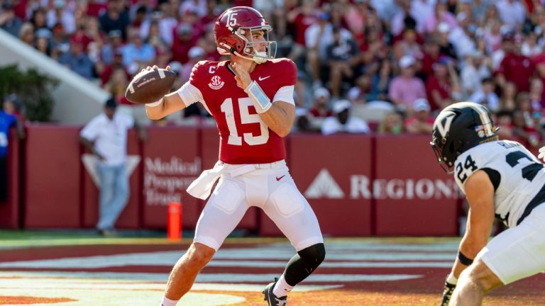 Alabama quarterback Ty Simpson drops back to pass against Vanderbilt during the first half of an NCAA college football game, Saturday, Oct. 4, 2025, in Tuscaloosa, Ala. (AP/Vasha Hunt)