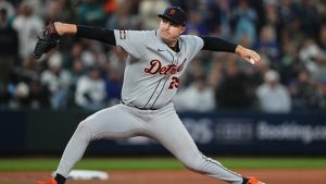Detroit Tigers starting pitcher Tarik Skubal throws during the sixth inning in Game 2 of baseball's American League Division Series against the Seattle Mariners, Sunday, Oct. 5, 2025, in Seattle. (Lindsey Wasson/AP)