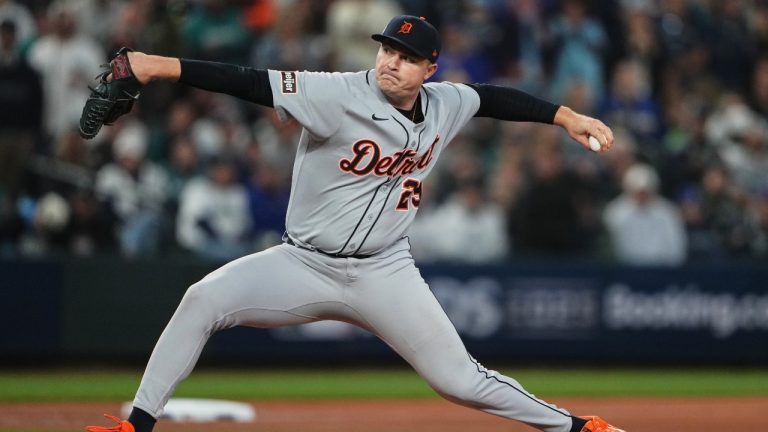 Detroit Tigers starting pitcher Tarik Skubal throws during the sixth inning in Game 2 of baseball's American League Division Series against the Seattle Mariners, Sunday, Oct. 5, 2025, in Seattle. (Lindsey Wasson/AP)