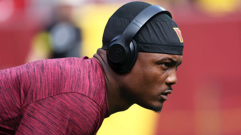 Washington Commanders wide receiver Terry McLaurin (17) looks on before an NFL football game against the Las Vegas Raiders, Sunday, Sept. 21, 2025, in Landover. (Daniel Kucin Jr./AP)