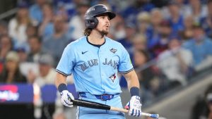 Toronto Blue Jays' Addison Barger (47) reacts towards the home plate umpire after striking out against the Los Angeles Dodgers during fifth inning Game 6 World Series playoff MLB baseball action in Toronto on Friday, Oct. 31, 2025. (Nathan Denette/CP)