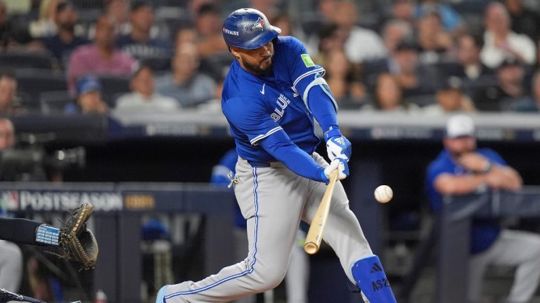 Toronto Blue Jays' Anthony Santander connects for a two-run RBI single against the New York Yankees during the third inning of Game 3 of baseball's American League Division Series, Tuesday, Oct. 7, 2025, in New York. (Frank Franklin II/AP)