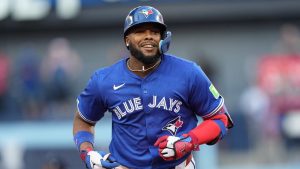 Toronto Blue Jays first baseman Vladimir Guerrero Jr. (27) rounds the bases after hitting a grand slam during fourth inning MLB American League Division Series baseball action against the New York Yankees, in Toronto, Sunday, Oct. 5, 2025. (Nathan Denette/CP)