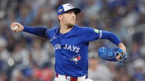 Toronto Blue Jays pitcher Jeff Hoffman (23) delivers a pitch against the New York Yankees during the ninth inning of game 1 in MLB American League Division Series baseball action in Toronto on Saturday, October 4, 2025. (Nathan Denette/CP)