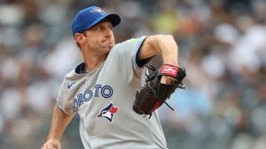 Toronto Blue Jays pitcher Max Scherzer throws during the first inning of a baseball game against the New York Yankees, Sunday, Sept. 7, 2025, in New York. (Heather Khalifa/AP)