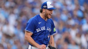 Toronto Blue Jays pitcher Trey Yesavage (39) celebrates after striking out the New York Yankees side during fourth inning MLB American League Division Series baseball action in Toronto, Sunday, Oct. 5, 2025. (Frank Gunn/CP)