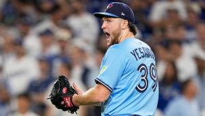 Toronto Blue Jays pitcher Trey Yesavage celebrates the end on the seventh inning in Game 5 of baseball's World Series against the Los Angeles Dodgers, Wednesday, Oct. 29, 2025, in Los Angeles. (Brynn Anderson/AP)
