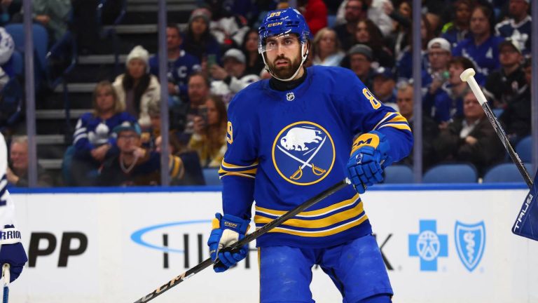 Buffalo Sabres right wing Alex Tuch (89) skates during the first period of an NHL hockey game against the Toronto Maple Leafs Tuesday, April 15, 2025, in Buffalo, N.Y. (Jeffrey T. Barnes/AP)