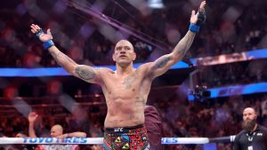 Alex Pereira celebrates after defeating Magomed Ankalaev in the UFC 320 main event in Las Vegas. (Steve Marcus/Las Vegas Sun via AP)