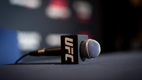 A-microphone-sits-on-the-table-during-a-UFC-media-availability