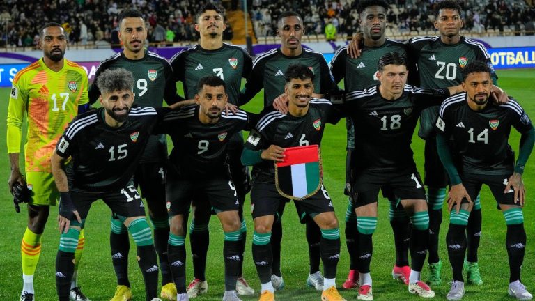 The United Arab Emirates starting 11 pose for a team photo prior to the World Cup group A qualifying soccer match against Iran in Tehran, Iran, March 20, 2025. (Vahid Salemi/AP)