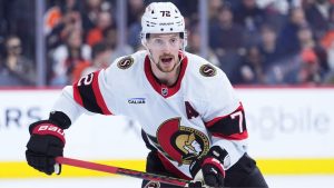 Ottawa Senators' Thomas Chabot plays during an NHL hockey game Tuesday, March 11, 2025, in Philadelphia. (Matt Slocum/AP)