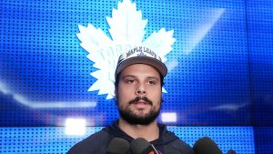 Toronto Maple Leafs forward Auston Matthews speaks to the media during the end of the season locker clean out day in Toronto on Tuesday, May 20, 2025. (CP/Nathan Denette)