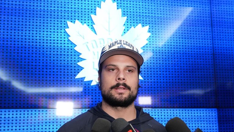 Toronto Maple Leafs forward Auston Matthews speaks to the media during the end of the season locker clean out day in Toronto on Tuesday, May 20, 2025. (CP/Nathan Denette)
