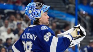 Tampa Bay Lightning goaltender Andrei Vasilevskiy against the Florida Panthers during the third period in Game 5 of an NHL hockey Stanley Cup first-round playoff series, Wednesday, April 30, 2025, in Tampa, Fla. (Chris O'Meara/AP)