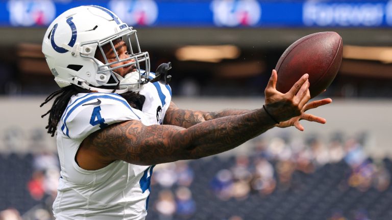 Indianapolis Colts cornerback Xavien Howard (4) makes a catch before an NFL football game against the Los Angeles Rams Sunday, Sept. 28, 2025, in Inglewood, Calif. (Eric Thayer/AP)
