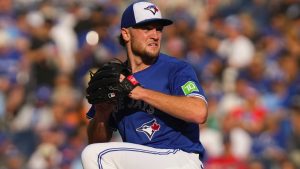 Toronto Blue Jays pitcher Trey Yesavage works against the Tampa Bay Rays during fifth inning MLB action in Toronto on Saturday September 27, 2025. (THE CANADIAN PRESS/Chris Young)