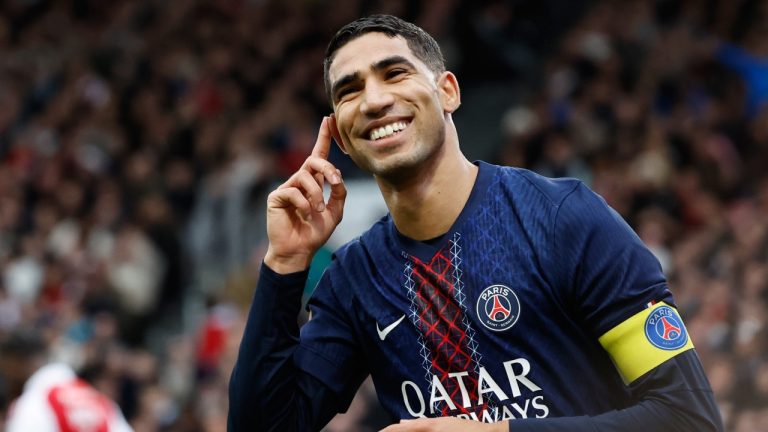 PSG's Achraf Hakimi celebrates after scoring his side's second goal during the French League One soccer match between Brest and Paris Saint Germain in Brest, France, Saturday, Oct. 25, 2025. (Jeremias Gonzalez/AP)