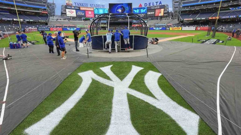 The Toronto Blue Jays take batting practice before playing against the New York Yankees in Game 3 of baseball's American League Division Series on Oct. 7, 2025, in New York. (Frank Franklin II/AP)