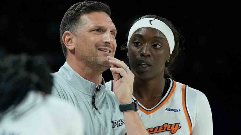 Phoenix Mercury guard Kahleah Copper talks with head coach Nate Tibbetts during the second half in Game 1 of a WNBA basketball final playoff series against the Las Vegas Aces, Friday, Oct. 3, 2025, in Las Vegas. (John Locher/AP)