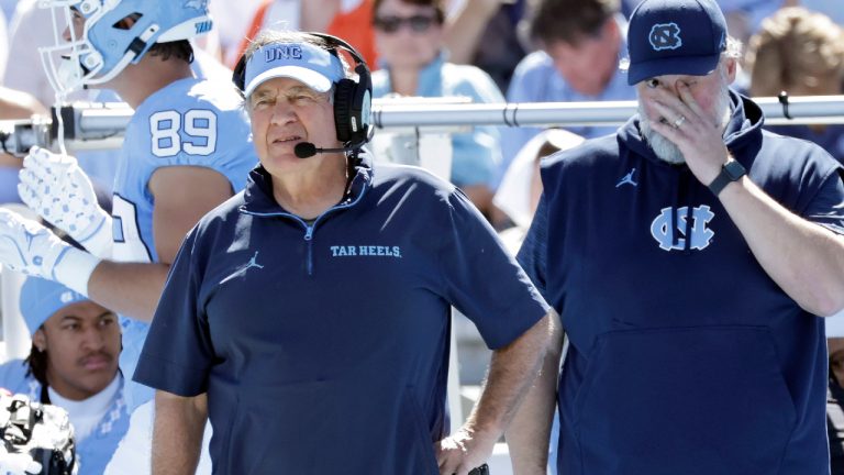 North Carolina head coach Bill Belichick, left, watches during the first half of an NCAA college football game against Clemson, Saturday, Oct. 4, 2025, in Chapel Hill, N.C. (Chris Seward/AP)