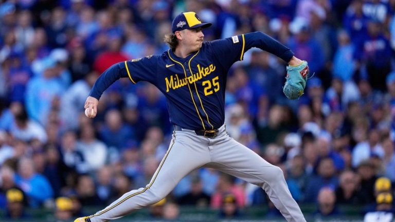 Milwaukee Brewers' Nick Mears throws during the first inning of Game 3 of baseball's National League Division Series against the Chicago Cubs Wednesday, Oct. 8, 2025, in Chicago. (Erin Hooley/AP)