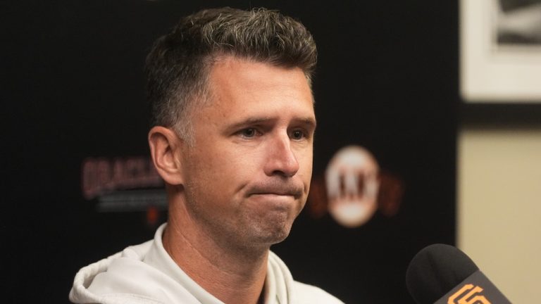 San Francisco Giants president of baseball operations Buster Posey reacts to a question at a news conference in San Francisco, Wednesday, Oct. 1, 2025. (Jeff Chiu/AP)
