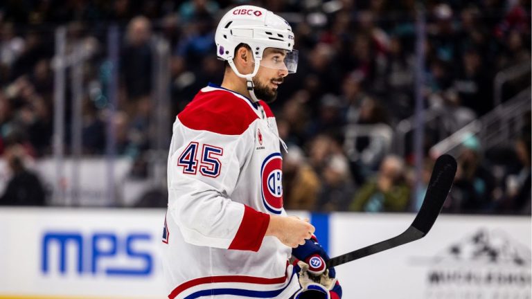 Montreal Canadiens defenceman Alexandre Carrier skates during the second period of an NHL hockey game against the Montreal Canadiens, Tuesday, Oct. 28, 2025, in Seattle. (Maddy Grassy/AP Photo)