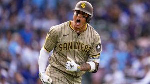 San Diego Padres' Manny Machado is reacts after hitting a two-run home run during the fifth inning of Game 2 of a National League wild card baseball game Wednesday, Oct. 1, 2025, in Chicago. (Erin Hooley/AP)