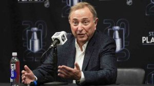 NHL Commissioner Gary Bettman speaks before Game 3 of an NHL hockey Stanley Cup second-round playoff series on May 9, 2025, in Sunrise, Fla. (Marta Lavandier/AP)