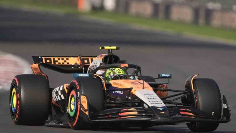 McLaren driver Lando Norris, of Britain, steers his car during the qualifying session for Formula One Mexico Grand Prix auto race at the Hermanos Rodriguez race track in Mexico City, Saturday, Oct. 25, 2025. (Eduardo Verdugo/AP)