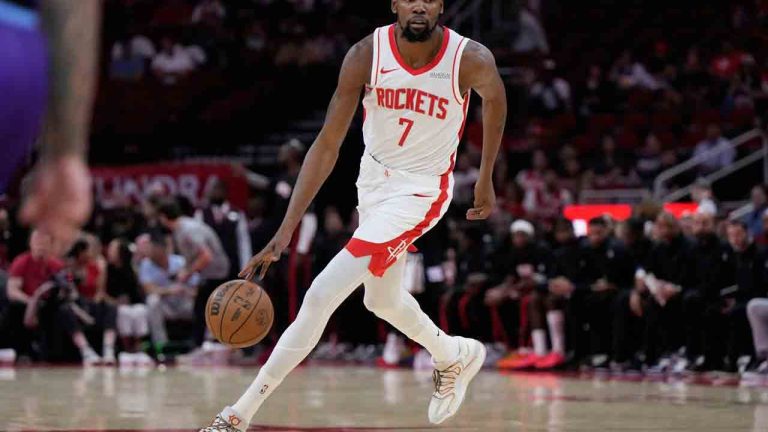 Houston Rockets forward Kevin Durant controls the ball during the first half of an NBA basketball preseason game against the Utah Jazz in Houston, Wednesday, Oct. 8, 2025. (Ashley Landis/AP)