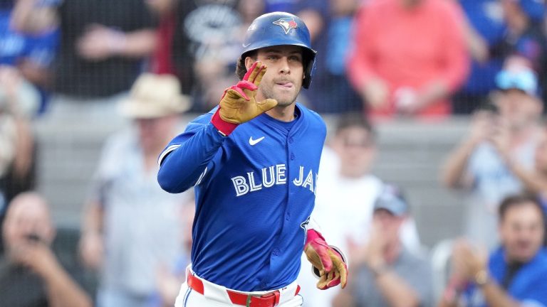 Toronto Blue Jays' Ernie Clement (22) rounds the bases after hitting a two run home run during second inning MLB American League Division Series baseball action against the New York Yankees, in Toronto, Sunday, Oct. 5, 2025. (Nathan Denette/CP)