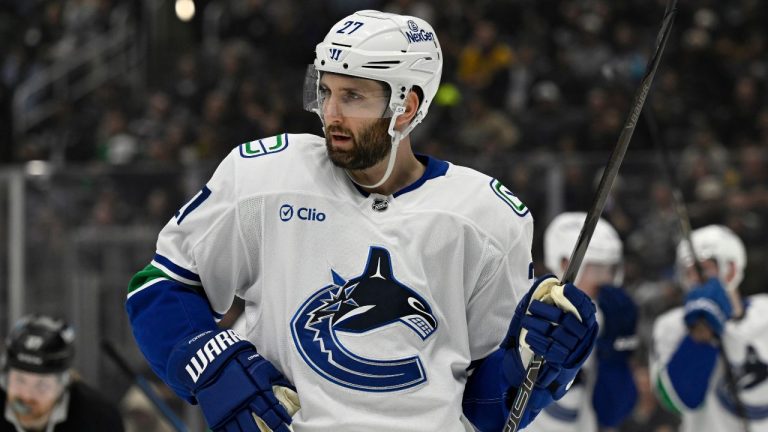 Vancouver Canucks defenseman Derek Forbort (27) skates during the second period of an NHL hockey game against the Los Angeles Kings in Los Angeles, Wednesday, Feb. 26, 2025. (Alex Gallardo/AP Photo)