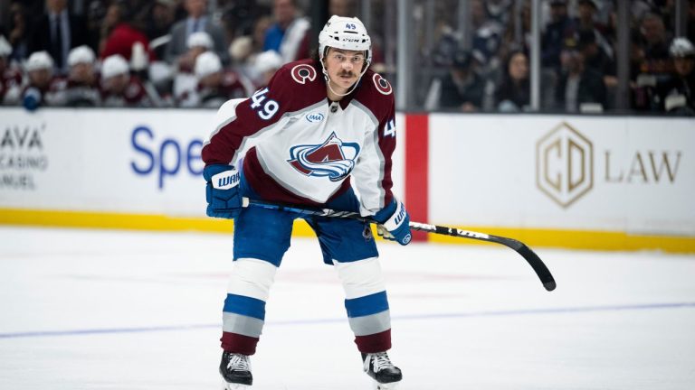 Colorado Avalanche defenceman Samuel Girard (49) takes his stance during an NHL hockey game against the Los Angeles Kings, Tuesday, Oct. 7, 2025, in Los Angeles. (Kyusung Gong/AP)