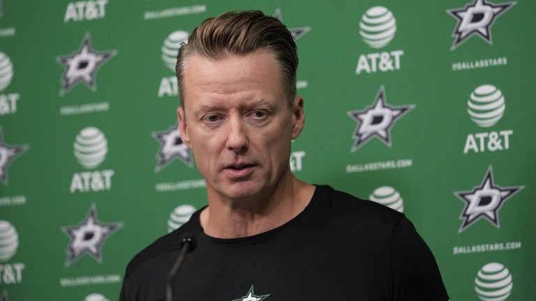 Dallas Stars head coach Glen Gulutzan responds to questions during a news conference at the NHL hockey team's headquarters, Wednesday, Sept. 17, 2025, in Frisco, Texas. (Tony Gutierrez/AP)