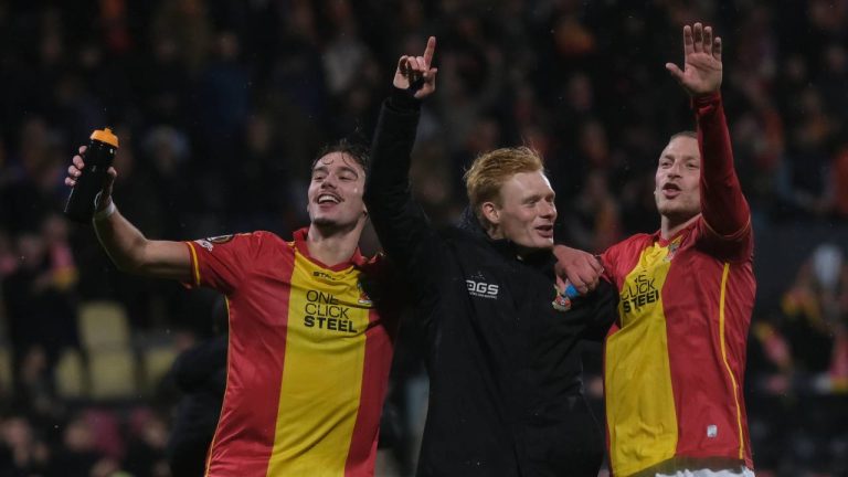 Go Ahead Eagles players celebrate after the Europa League soccer match between Go Ahead Eagles and Aston Villa in Deventer, Netherlands, Thursday, Oct. 23, 2025. (Patrick Post/AP)