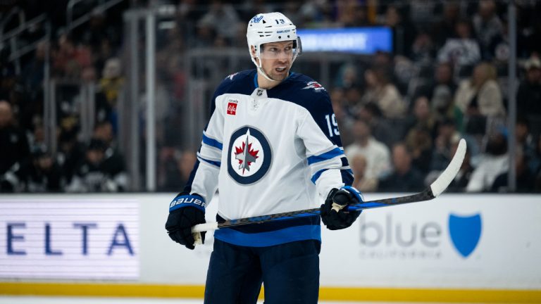 Winnipeg Jets centre David Gustafsson (19) takes his stance during an NHL hockey game against the Los Angeles Kings, Tuesday, April 1, 2025, in Los Angeles. (Kyusung Gong/AP)