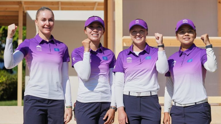 Members of the World team, from left, Charley Hull, Lydia Ko, Brooke Henderson and Wei-Ling Hsu pose for a photo during the photocall for the LPGA International Crown golf tournament at the New Korea Country Club in Goyang, South Korea, Wednesday, Oct. 22, 2025. (Lee Jin-man/AP Photo)