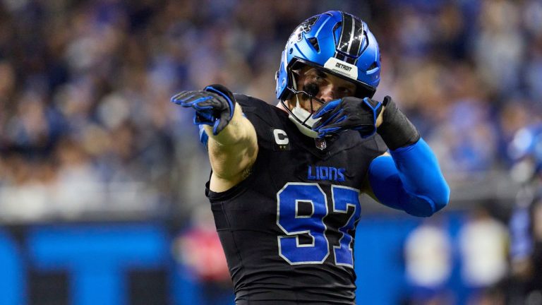 Detroit Lions defensive end Aidan Hutchinson (97) reacts against the Tampa Bay Buccaneers during an NFL football game in Detroit, Monday, Oct. 20, 2025. (Rick Osentoski/AP)