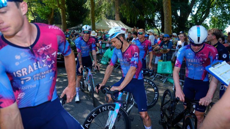 Israel - Premier Tech riders wait for the start of the ninth stage of the Tour de France cycling race over 174.1 kilometres with start in Chinon and finish in Chateauroux, France, Sunday, July 13, 2025. (Mosa'ab Elshamy/AP)