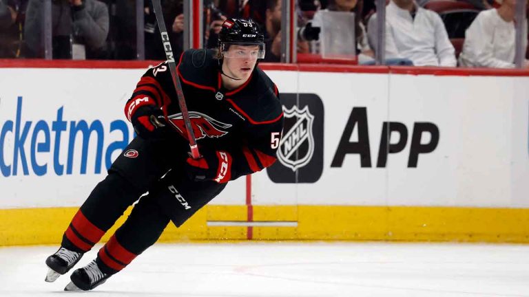 Carolina Hurricanes' Jackson Blake (53) skates after the puck against the New Jersey Devils during the third period of Game 1 of an NHL hockey Stanley Cup first-round playoff series. (Karl DeBlaker/AP)