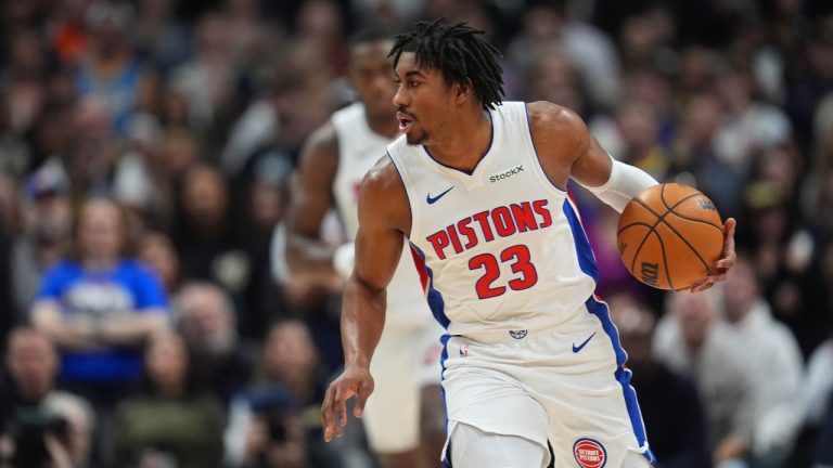 Detroit Pistons guard Jaden Ivey (23) in the first half of an NBA basketball game Saturday, Dec. 28, 2024, in Denver. (David Zalubowski/AP)