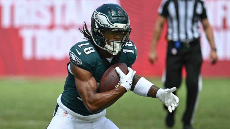 Philadelphia Eagles wide receiver John Metchie III (18) makes a catch during the first half of an NFL football game against the Tampa Bay Buccaneers. (Jason Behnken/AP)