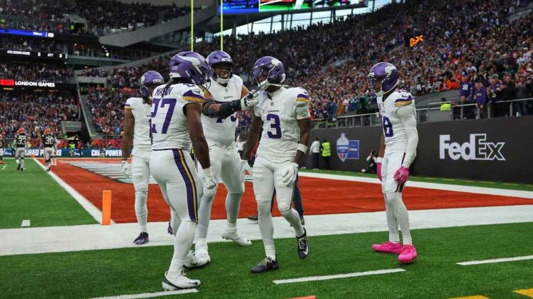 Minnesota Vikings wide receiver Jordan Addison (3) celebrates with his teammates after scoring a touchdown during the second half of the NFL game between Minnesota Vikings and Cleveland Browns at the Tottenham Hotspur stadium. (Ian Walton/AP)