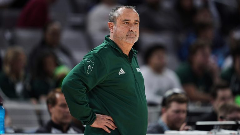 South Florida head coach Jose Fernandez watches play against Rice during an NCAA college basketball game during the womens final of the American Athletic Conference Tournament in Fort Worth, Texas, Wednesday, March 12, 2025. (Tony Gutierrez/AP)