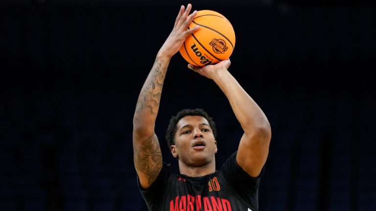 Maryland forward Julian Reese shoots during practice, Wednesday, March 26, 2025, in San Francisco, ahead of a Sweet 16 game against Florida in the NCAA college basketball tournament. (Godofredo A. Vásquez/AP)