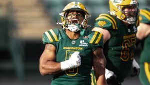 Edmonton Elks' Justin Rankin (5) celebrates a touchdown against the Ottawa Redblacks during second half CFL action in Edmonton, on Sunday July 6, 2025. (Jason Franson/CP)
