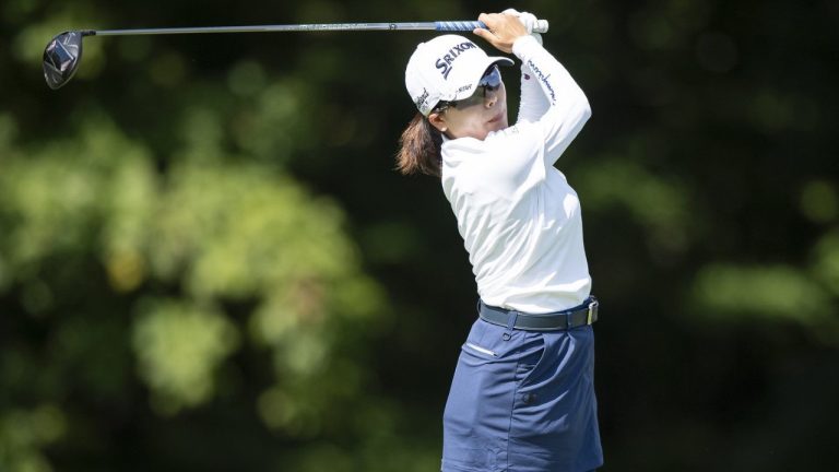 Minami Katsu, of Japan, tees off on the ninth hole during the first round of the Kroger Queen City Championship golf tournament, Thursday, Sept. 11, 2025, at TPC River's Bend in Cincinnati. (AP/Tanner Pearson)
